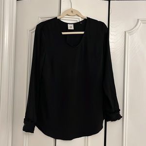 Black Cabi V-Neck blouse with ruffled button cuffs